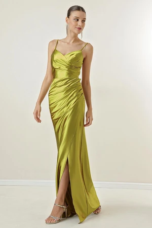 By Saygı Long Lined Satin Dress with Rope Straps and Ties at the Back.