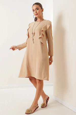 By Saygı Neckline, Frilled Long Sleeved Ajrobin Dress Beige