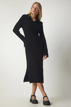 Happiness İstanbul Women's Black Polo Neck Ribbed Knitwear Dress