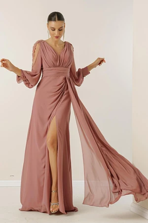 By Saygı V-Neck Long Evening Chiffon Dress with Draping and Lined Sleeves.