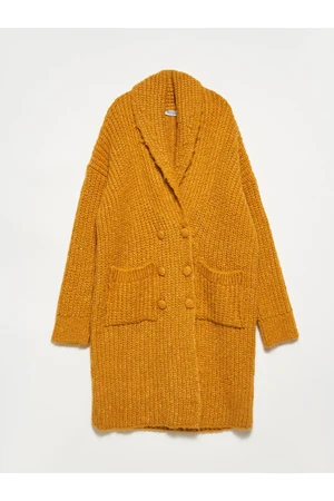 Dilvin 60162 Bathrobe Collar Knitwear with Pockets Cardigan-mustard