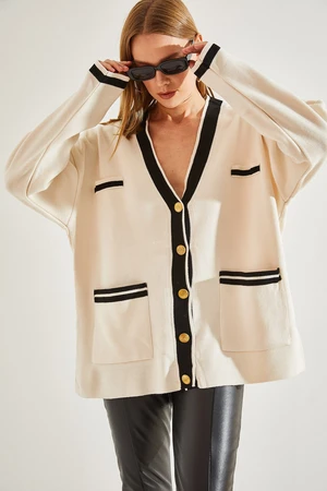 Bianco Lucci Women's Double Pocket Striped Button Down Oversized Cardigan