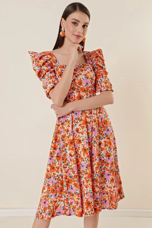 By Saygı Square Neck Floral Pleated Volleyball Sleeve Dress Orange