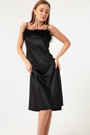 Lafaba Women's Black Straps Evening Dress with Satin Detailed Midi Satin.