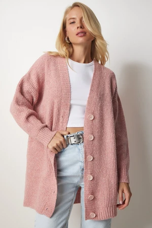 Happiness İstanbul Women's Light Pink Button Long Knitwear Cardigan