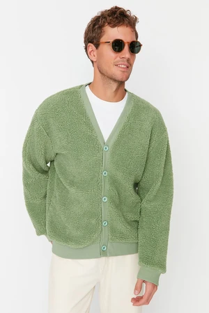 Trendyol Green Men's Relaxed Fit/Comfortable-cut V-Neck Buttoned Plush Thick Cardigan