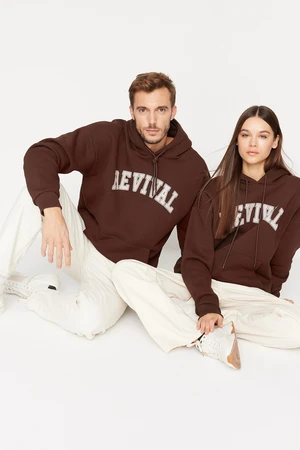 Trendyol Brown Oversize/Wide Cut Hooded Fleece Inside/Warm Unisex Sweatshirt