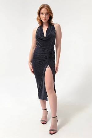 Lafaba Women's Navy Blue Evening Dress with Chain Detail at the Back.