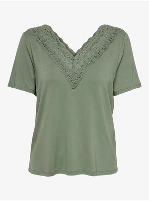 Khaki V-neck T-shirt with lace JDY Camma - Women