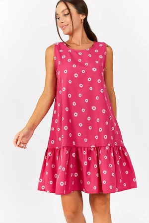 armonika Women's Pink Daisy Pattern Sleeveless Skirt with Ruffle Frilled Dress