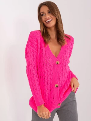 Fluo pink women's cardigan with cables