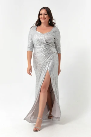 Lafaba Women's Gray Sequined Plus Size Evening Dress.