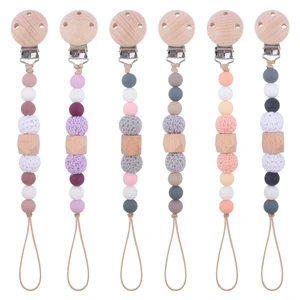 Safety Wooden Chew Silicone Bead Pacifier Clips Dummy Chain Holder Newborn Soother Chains Nipple Holder Baby Teething Toys Gifts