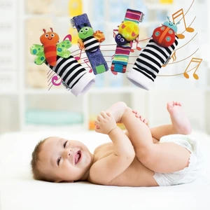 4pcs Cartoon Newborn Baby Rattle Bell Socks Sound Plush Wrist Strap Rattles Toys 0-12 Months Girls Boys Animal Foot and Wrist