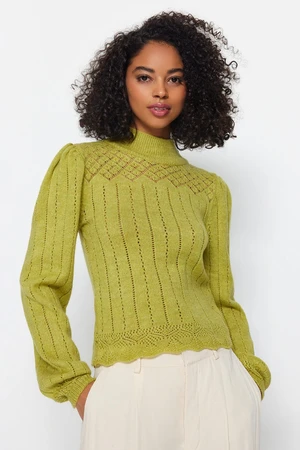 Trendyol Oil Green Openwork/Perforated Standing Collar Knitwear Sweater