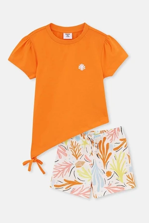 Dagi Orange Tie Detailed Short Sleeved T-shirt, Shorts Pajamas Set.