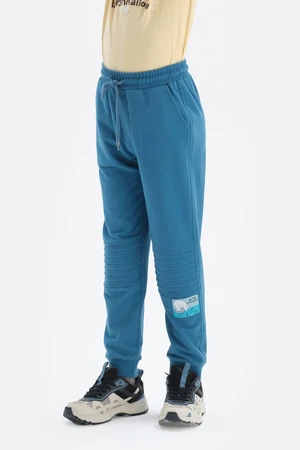 Dagi Blue Slogan Label Striped Ribbed Jogger Pants