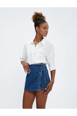 Koton Crop Shirt Linen Blend Off The Shoulder Short Sleeves With Pocket Detail.