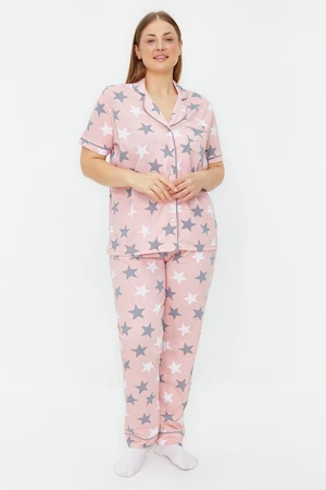 Trendyol Curve Powder Star Pattern Shirt Collar Knitted Pajamas Set