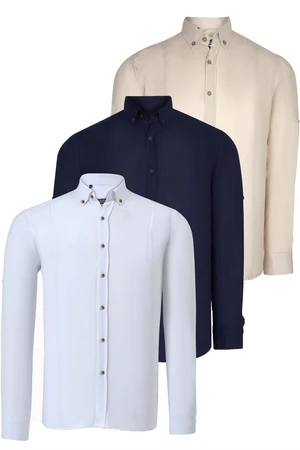 TRIPLE SET G721 DEWBERRY MEN'S SHIRT-NAVY-WHITE-BEIGE