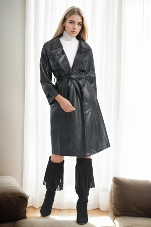 22614 Dewberry Long PU Women TrenchCoat-BLACK