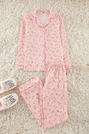 Trendyol Pink 100% Cotton Floral Knitted Pajama Set