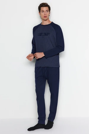 Trendyol Navy Blue Printed Raglan Sleeve Knitted Pajama Set