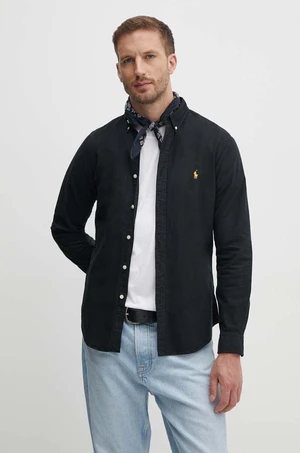 Bavlněná košile Polo Ralph Lauren černá barva, slim, s límečkem button-down, 710767828