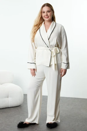 Trendyol Curve Beige Piping Detailed Double Breasted Viscose Woven Pajama Set