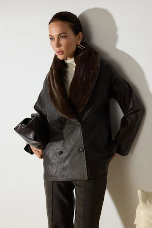 Trendyol Dark Brown Oversize Molded Collar Faux Leather Coat with Fur Detail