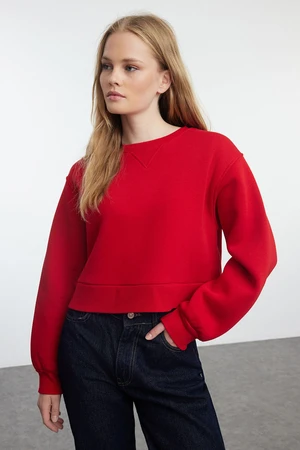 Trendyol Red Thick Fleece Inside Relaxed/Wide Fit Crop Basic Knitted Sweatshirt