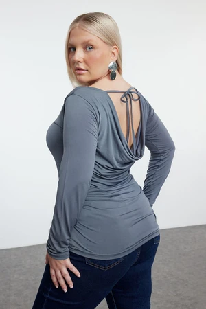 Trendyol Curve Anthracite Boat Neck Lace Back Knitted Plus Size Blouse