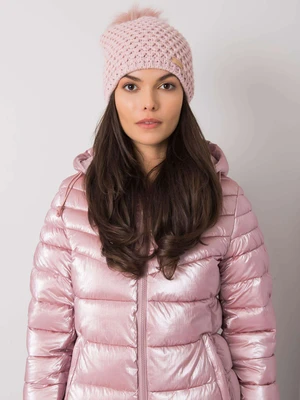 Women's light pink hat with pompoms