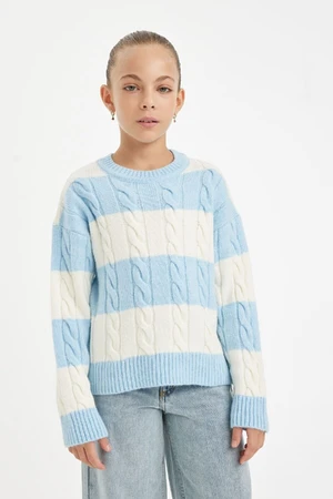 DEFACTO Girl Light Blue Striped Regular Fit Crew Neck Hair Knitted Sweater