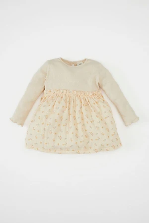 DEFACTO Baby Girl Crew Neck Long Sleeve Corduroy Skirt Floral Patterned Camisole Dress