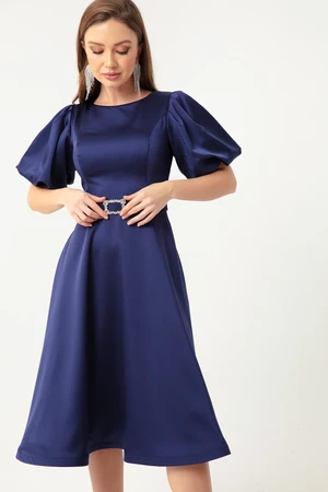 Lafaba Women's Navy Blue Satin Evening Dress with Balloon Sleeves and Gemstones Belt.