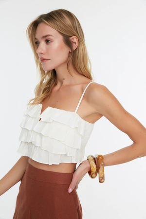 Trendyol White Crop Woven Ruffled 100% Cotton Blouse