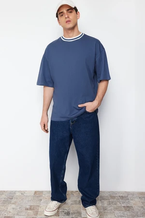 Trendyol Indigo Oversize Collar Detail Labeled 100% Cotton T-Shirt