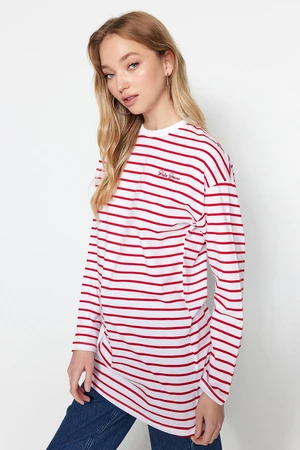 Trendyol Red Oversize Embroidered Detailed Knitted Striped Tunic