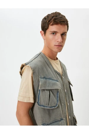 Koton Denim Vest Washed Pocket Detail Buttoned Relaxed Cut