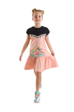 Denokids Floral Unicorn Girl's Salmon Black Summer Combed Cotton Dress