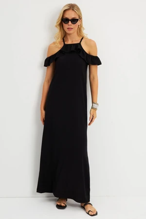 Cool & Sexy Women's Black Halter Neck Wrap Midi Dress