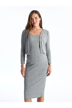 LC Waikiki Gray Melange Crew Neck Women's Dress and Cardigan Set