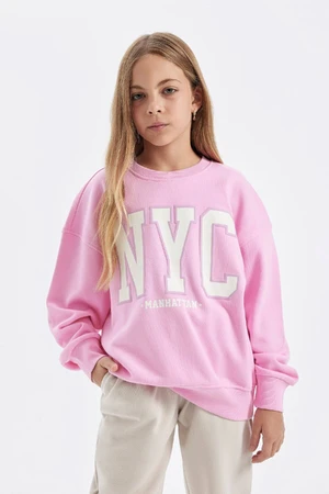 DEFACTO Girl Pink Oversize Wide Pattern Crew Neck Printed School Sweatshirt