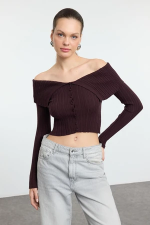 Trendyol Dark Brown Crop Premium Yarn/Special Yarn Knitwear Cardigan