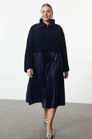 Trendyol Curve Navy Blue Elastic Elastic Waist Pleated Woven Plus Size Skirt