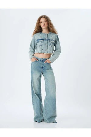 Koton Crop Denim Jacket Round Neck Eyelet Detail Pocket Buttoned