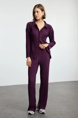 Trendyol Plum Pleated Oversize/Wide Pattern Buttoned Knitted Top-Bottom Set