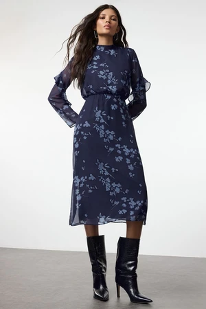 Trendyol Navy Blue Floral A-Line Midi Woven Winter Dress