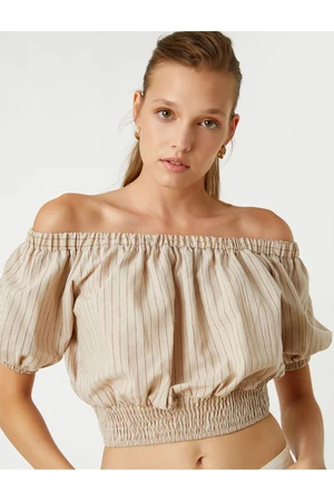 Koton Off Shoulder Crop Blouse with Elastic Waist Linen Blend